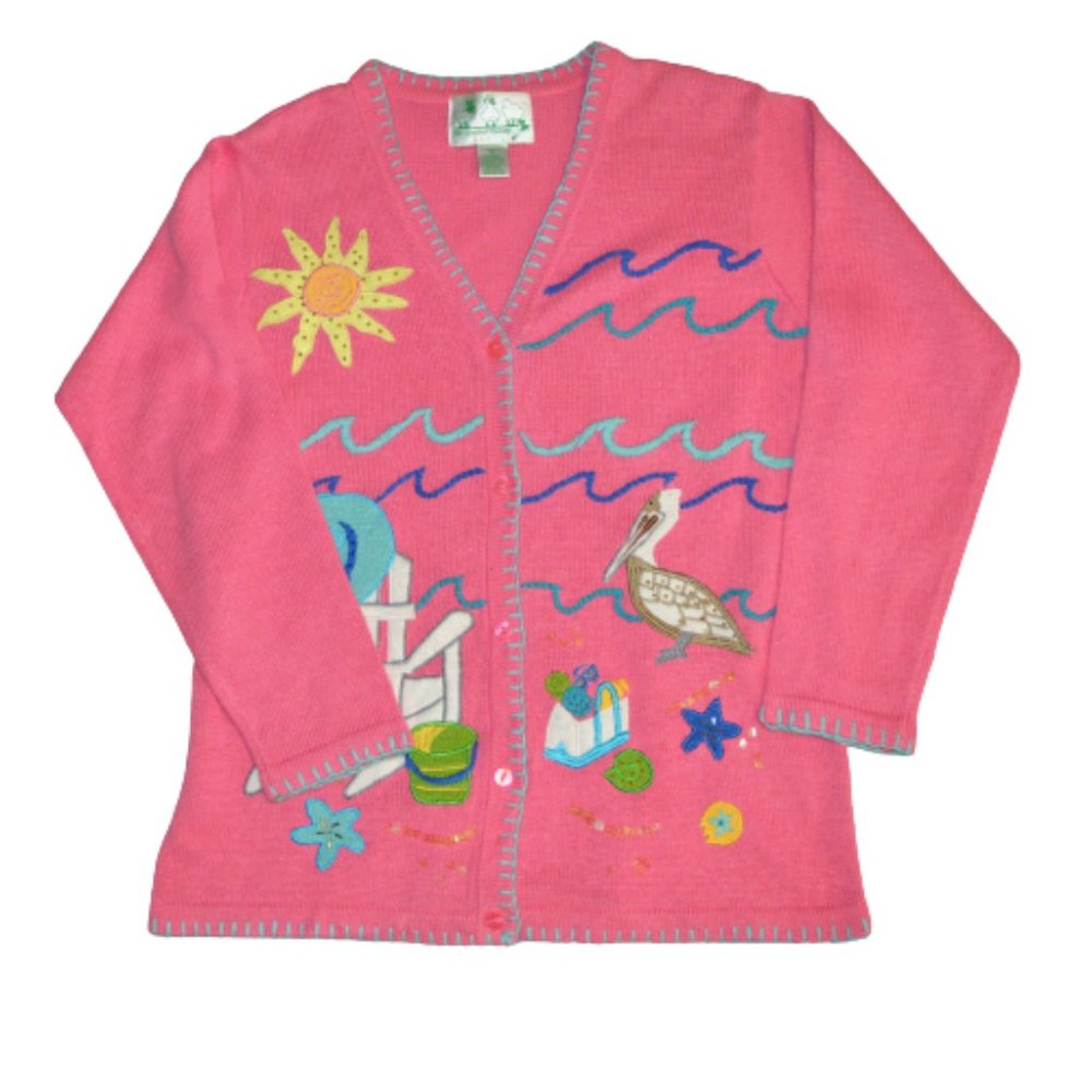 Quacker Factory QVC HSN Beach Summer Sequin Bright Pink Cardigan Sweater